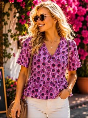 Anthropology Maeve Pink Medallion V-Neck Peplum Blouse